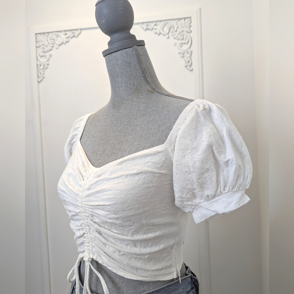 MAAC London White Cinch-Front Textured Crop Top